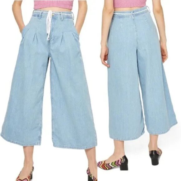 Topshop Moto Pleated Front Tie Crop Wide-leg Pants Jean Size 30 x 30 Culottes - Picture 1 of 15